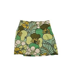 Zara Green Floral‎ Botanical Print High Waisted Mini Skirt Small Retro Style